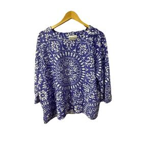 Alfred Dunner Womens Shirt Sz 2X 3/4 Sleeve Purple White Mandala Print Blouse T